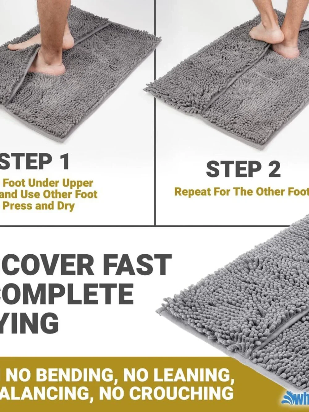 whatAMate Feet Dryer Bath Mat No Bend Chenille Rug Gray Non Slip Quick Dry NEW